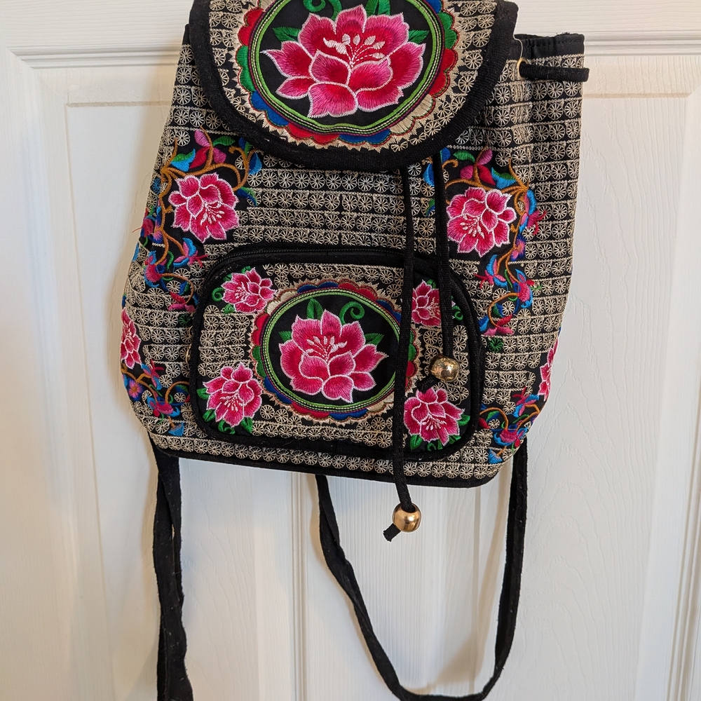 Floral Embroidered Backpack with Pink and Green Details